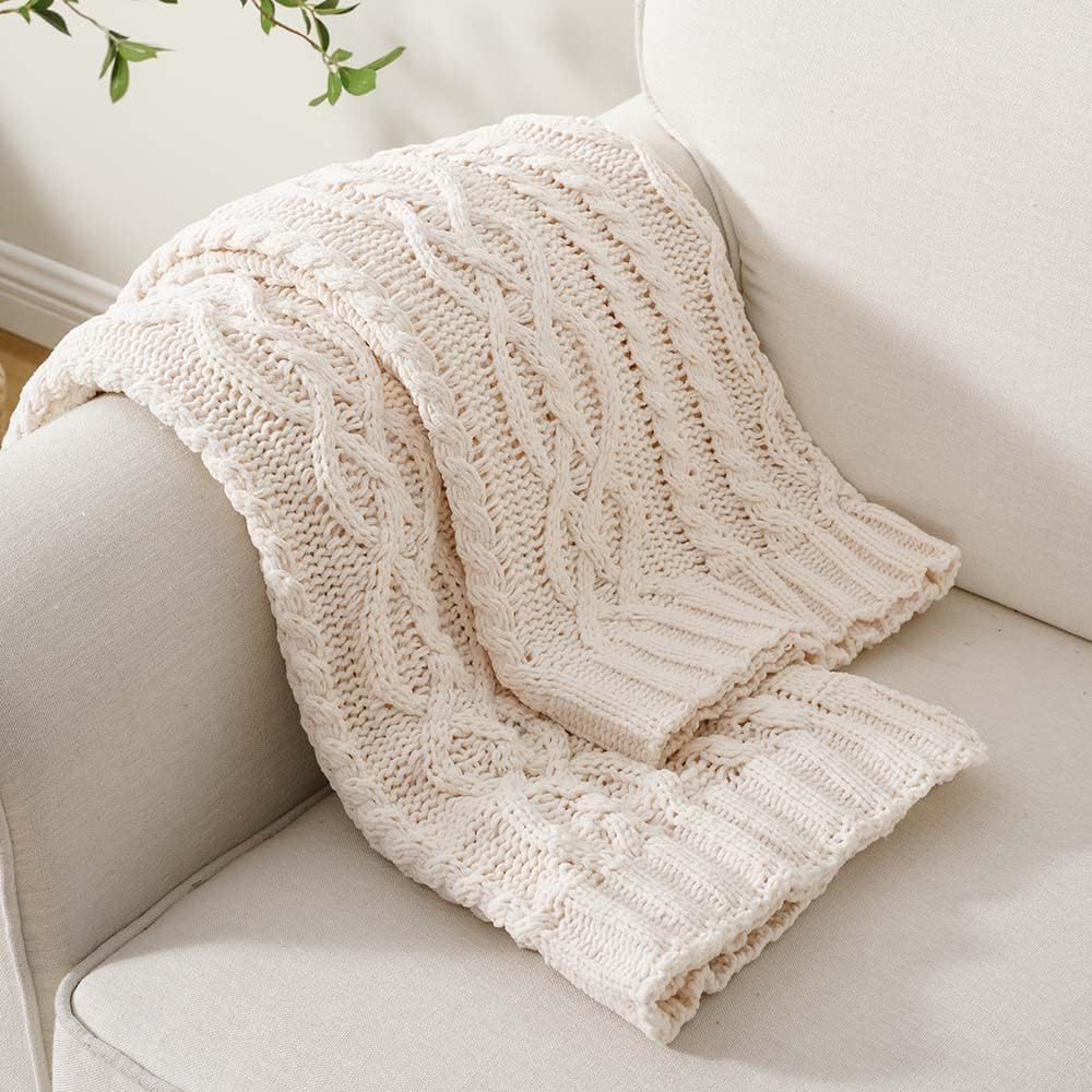 Cream White Ivory Throw Blanket, 51x 67 Inch, Woven Chenille Knit Throw Blanket for Chair, Super Soft Warm Decorative