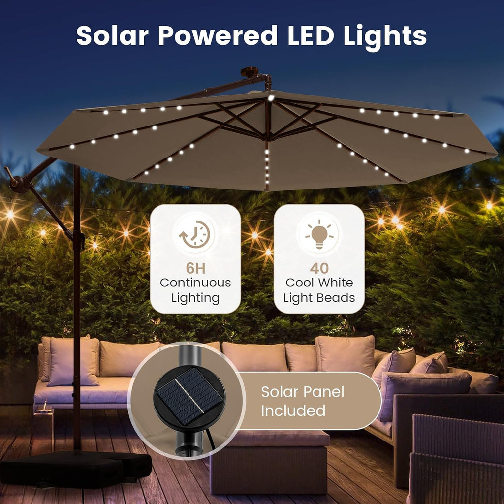 10FT Offset Patio Umbrella with Base Included, Outdoor Cantilever Umbrella with 40 Solar LED Lights, Tilt Adjustment