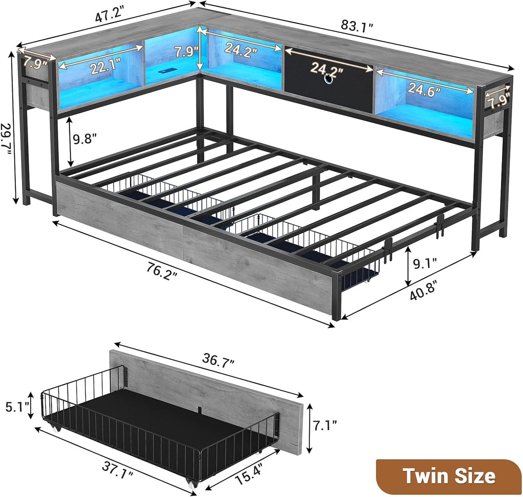 Twin Corner Bed Frame with Storage Drawers and Bookcase Headboard, Twin Size Metal Platform Corner Bed Frame with