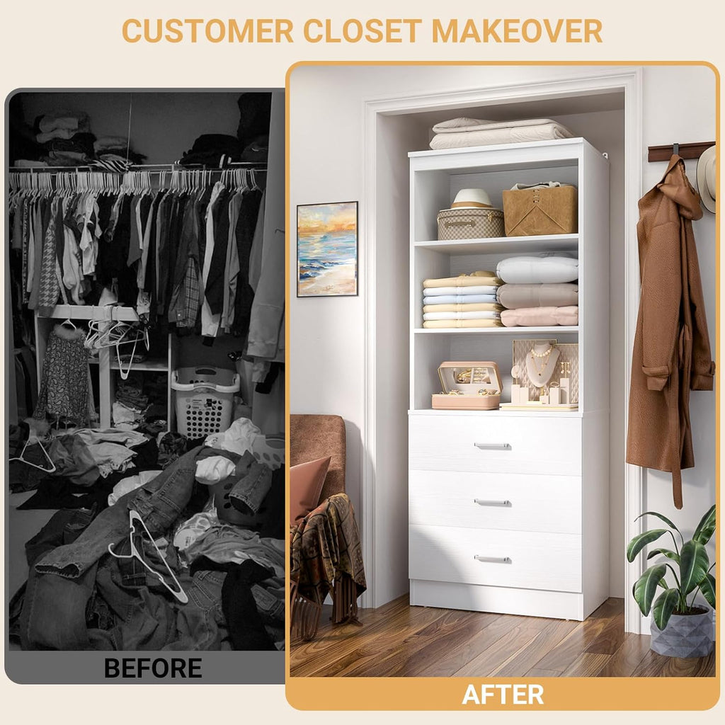 23.6" Closet Drawers System, Wood Closet Organizer System with 3 Drawers, Modular Small Walk-in Closets Storage Unit
