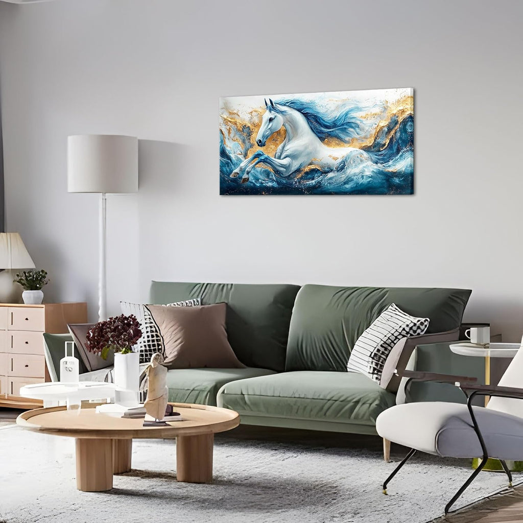 Abstract Horse Wall Art Modern Blue and Gold Sea Wave Animal Picture Wall Decor Canvas Prints Ocean Horse Painting