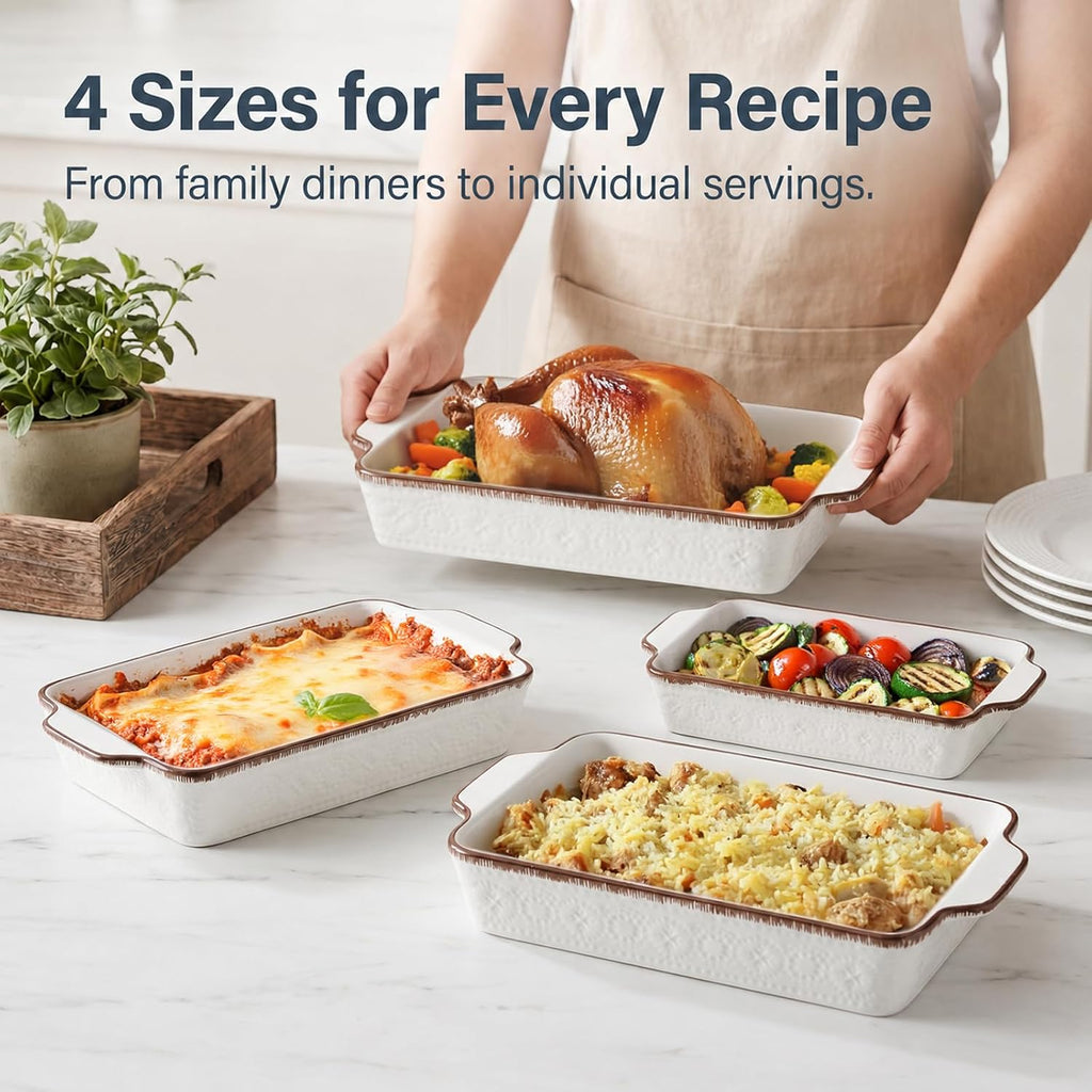 Casserole Dishes for Oven, Ceramic Dish Set of 4, Non-Stick Lasagna Pans with Handles, Rectangular Bakeware Set for