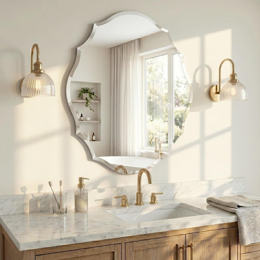 22" x 28" Frameless Scalloped Wall Mirror, Beveled Edge Bathroom Vanity Mirror with Reinforced Backing for