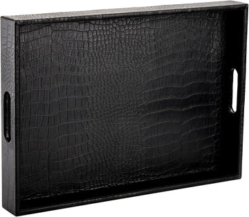 Black Serving Tray with Handles, Decorative Ottoman Tray in Alligator Faux Leather, 17x12 Inch Rectangular for Coffee