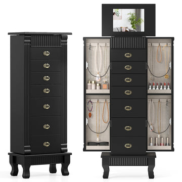 Jewelry Armoire, Standing Jewelry Box w/Mirror & 7 Drawers, Black