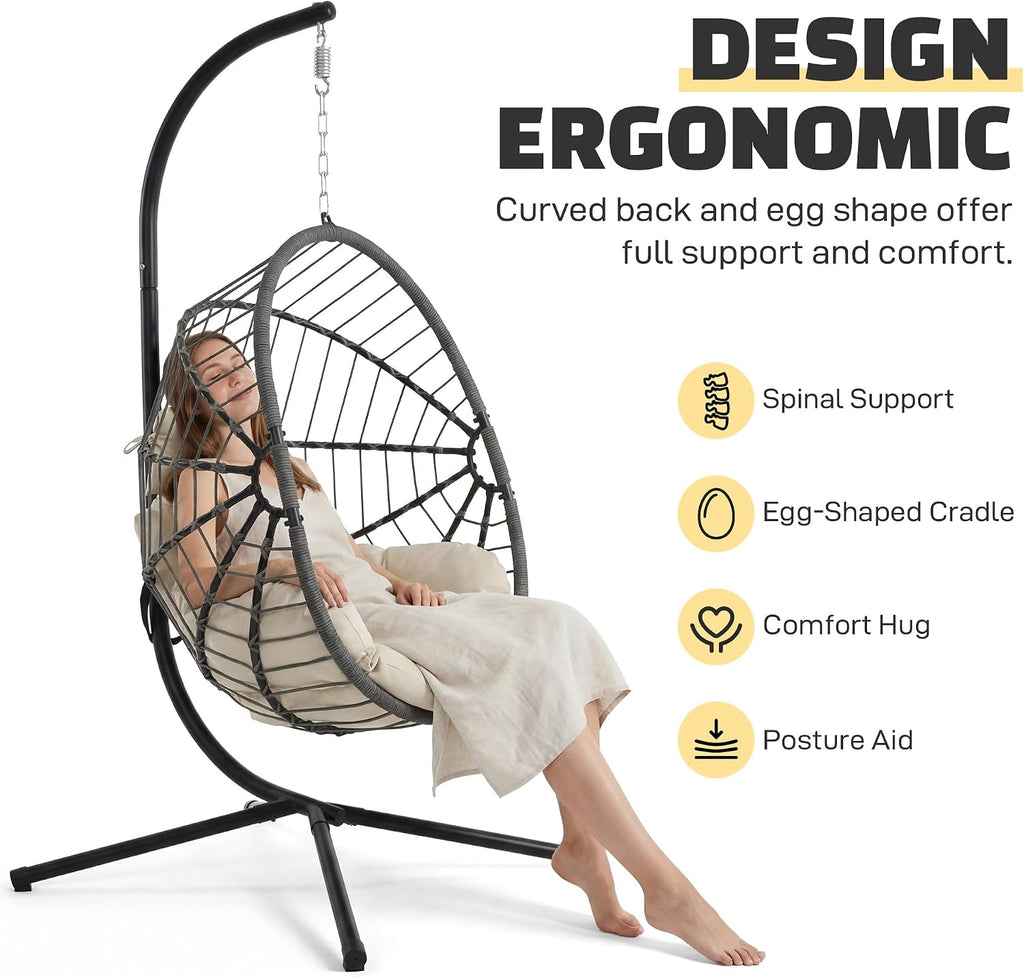 Hanging Egg Chair with Stand - 350lbs Capacity Outdoor Patio & Indoor Living Room Furniture, Waterproof PE Rattan