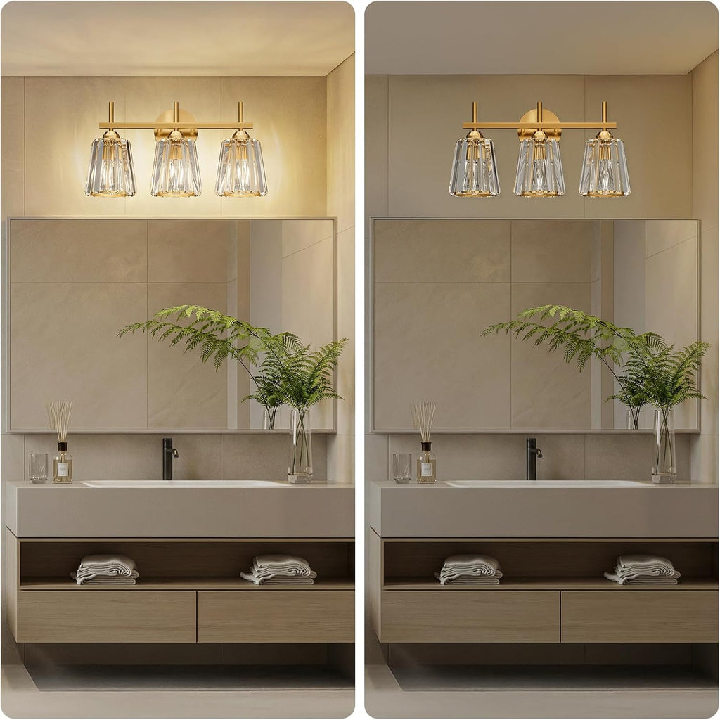 Crystal Bathroom Light Fixtures Over Mirror, Gold 3-Light Bathroom Vanity Lights Over Mirror Modern Wall Lighting