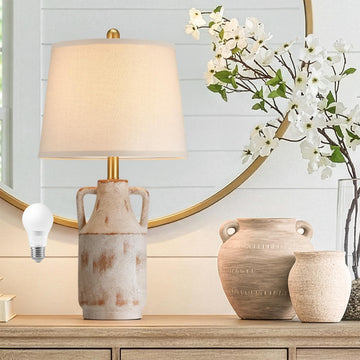 26" Vintage Ceramic Table Lamp Decor, Farmhouse Retro Terracotta Lamp with Handles