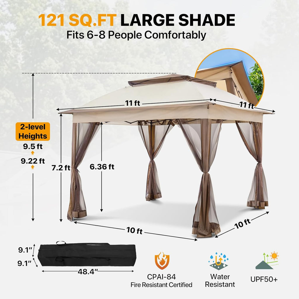 11x11 Pop Up Gazebo with Mesh Netting, Instant Outdoor Canopy Tent, Water Resistant Shelter with UPF 50+ UV Protection