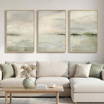 Large Framed Sage Green Abstract Landscape Wall Art , 3 Piece Modern Canvas Prints Paintings Artwork for Walls