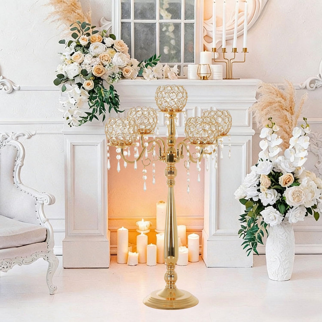 2Sets 5 Arm Gold Crystal Candelabra Centerpieces for Table,29.5 Inch Tall Metal Candlestick Holdersrty Table Decoration