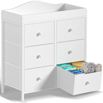 White Changing Table Dresser with 6 Drawers Baby Dresser with Changing Table Top Diaper Changing Station with Storage
