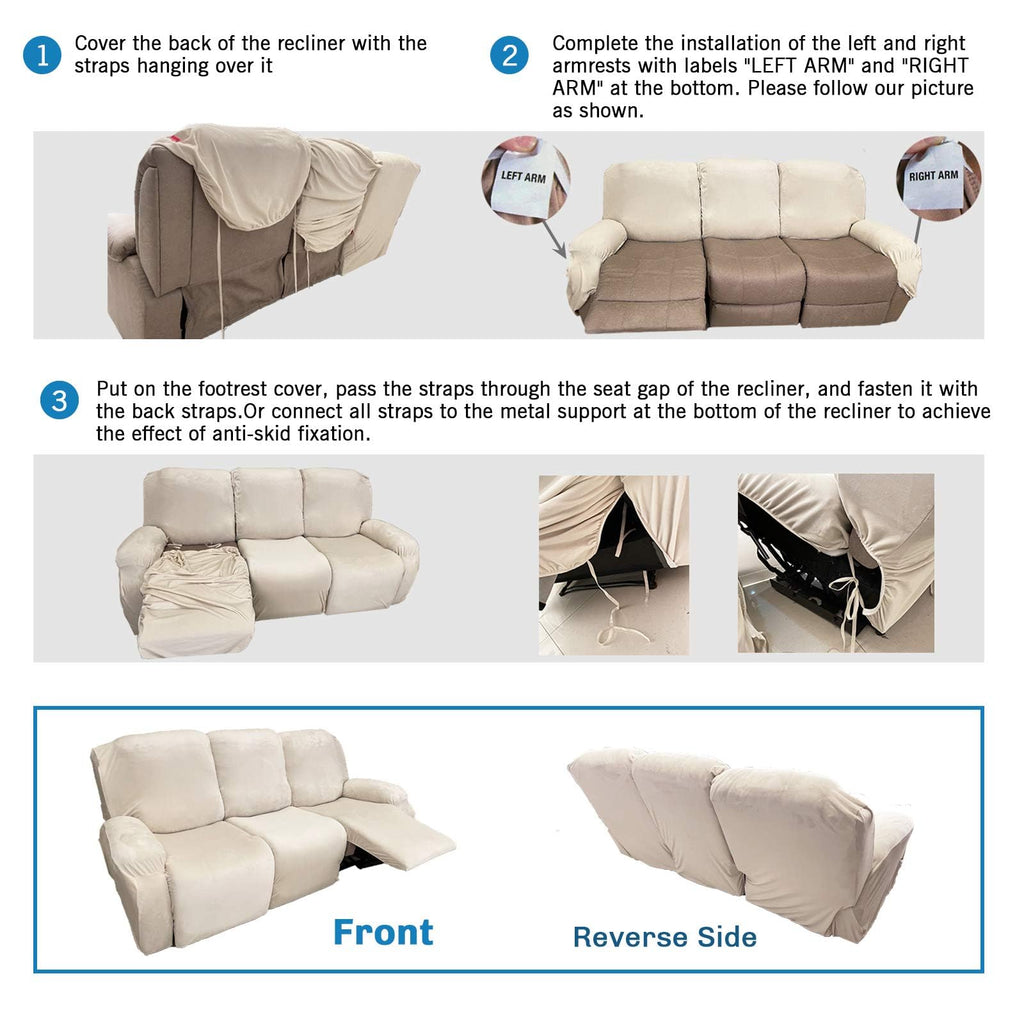 8 Pieces Recliner Sofa Covers, Stretch Velvet Reclining Couch Covers for 3 Cushion Furniture Covers, Thick, Soft