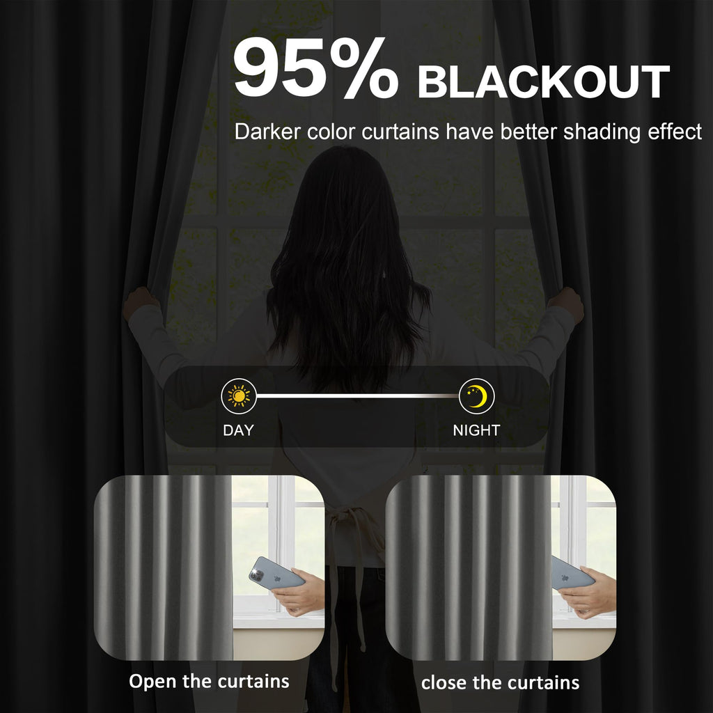 Grey Block Out Curtains, Sound Reducing Solid Window Treatment for Cafe/Kitchen/Night Shift, Blackout Curtain Panels