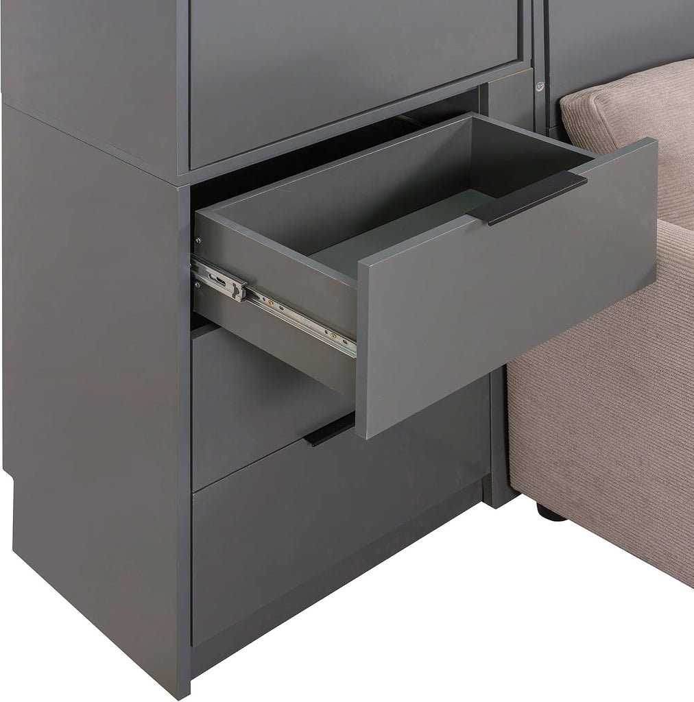 Queen Murphy Bed with Hydraulic System and L-Shaped Office Desk, Multifunctional Foldable Wall Bed Frame with Storage
