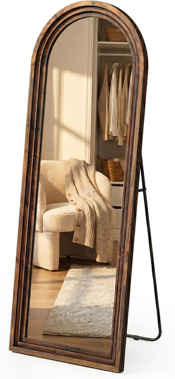 Arched Wood Floor Mirror with Stand, 63" x 21" Rustic Walnut Triple-Layer Solid Wood Frame Full Length Body