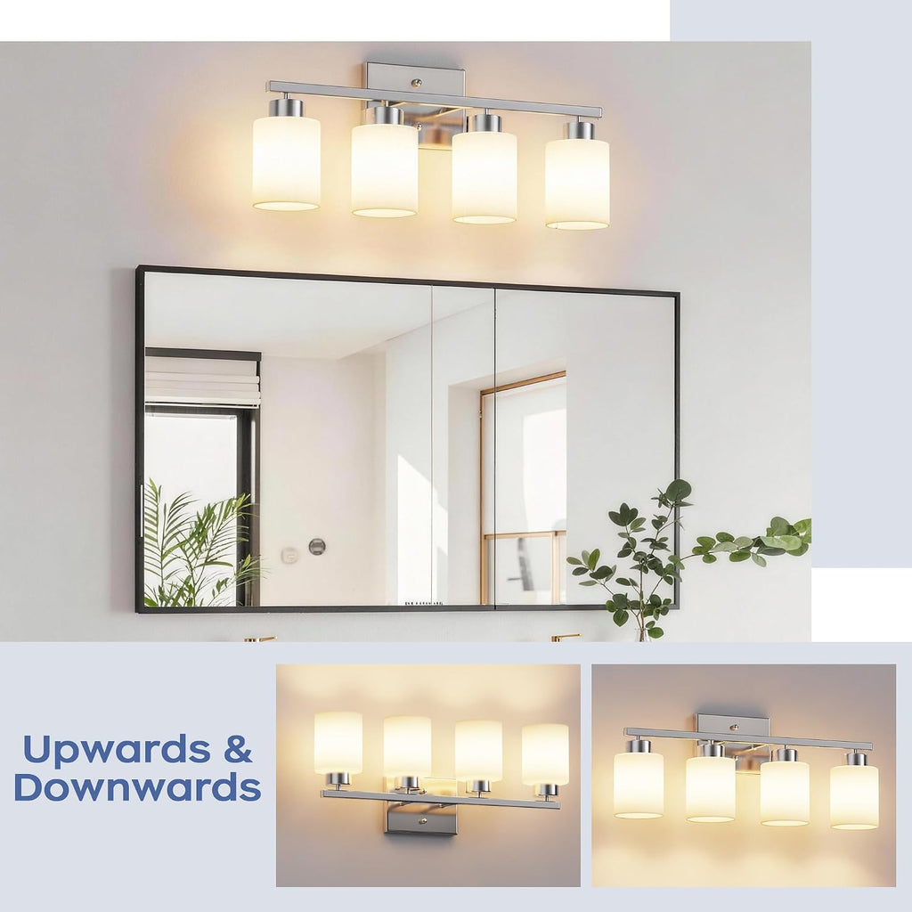4-Light Brushed Nickel Bathroom Light Fixtures, Modern Vanity Light Over Mirror Lighting, Wall Sconce with Frosted