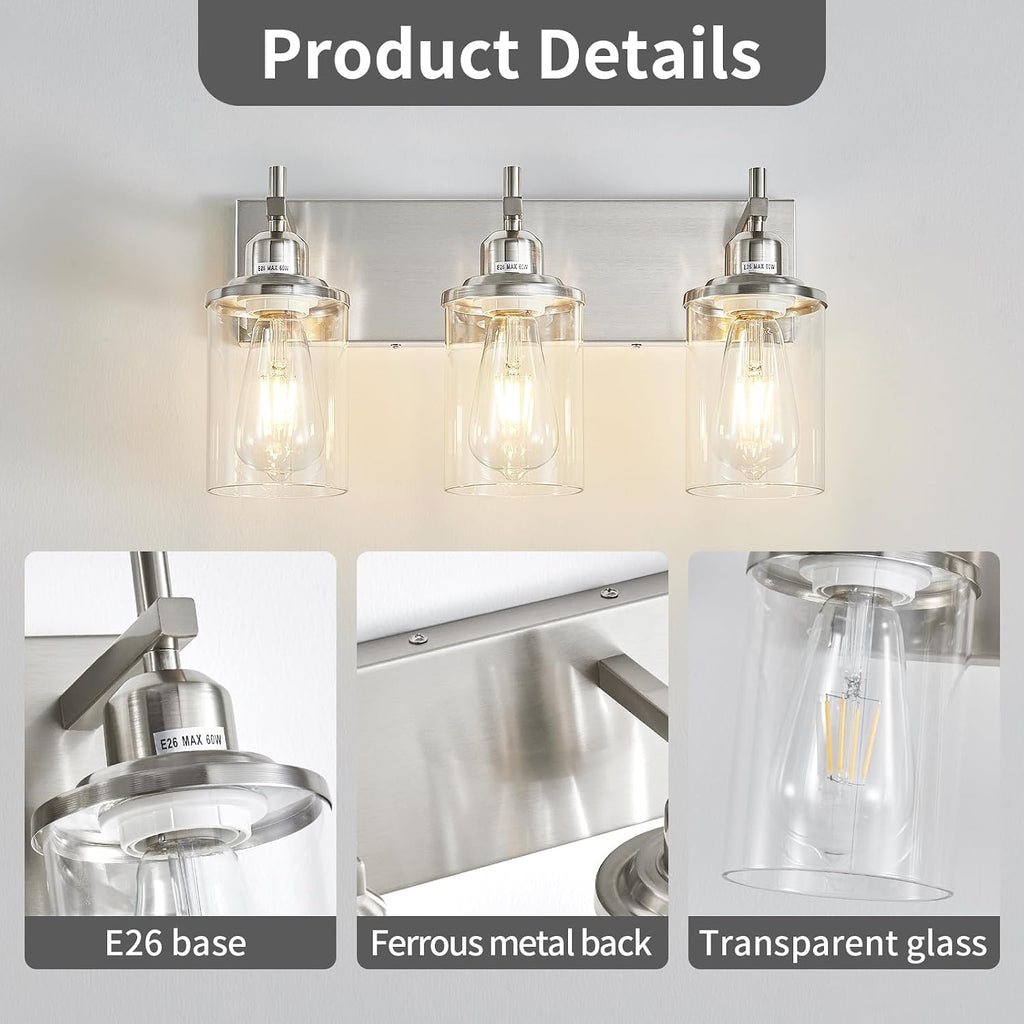 3-Light Brushed Nickel Bathroom Light Fixture Over Mirror Modern Bathroom Vanity Light Vintage Wall Lighting with