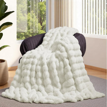 Faux Fur Throw Blanket Cream White - Big Bubble Rabbit Fluff Blanket, Small Fluffy Fuzzy Cozy Blanket, Thick Furry