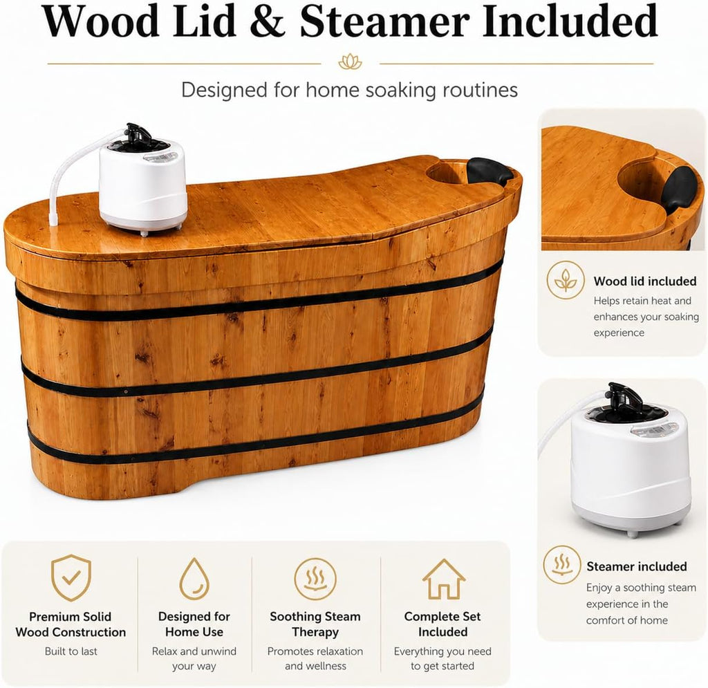47" Cedar Wood Japanese Soaking Tub - Adult Wooden Bathtub with Steam Package & Accessories