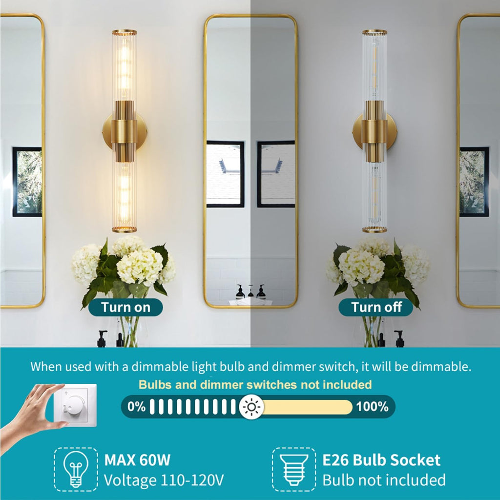 Hardwired Gold Vanity Light Threaded Glass Wall Sconce 2 Pack | Up & Down Bidirectional Lighting, Damp Rated s