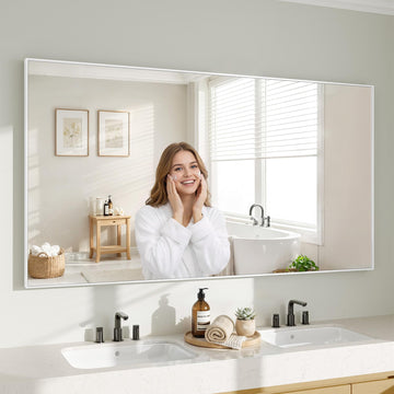 White Rectangle Wall Mirror, 30x60 Inch Bathroom Mirror, Aluminum Frame Vanity Mirror Bathroom, Hangs Horizontally or