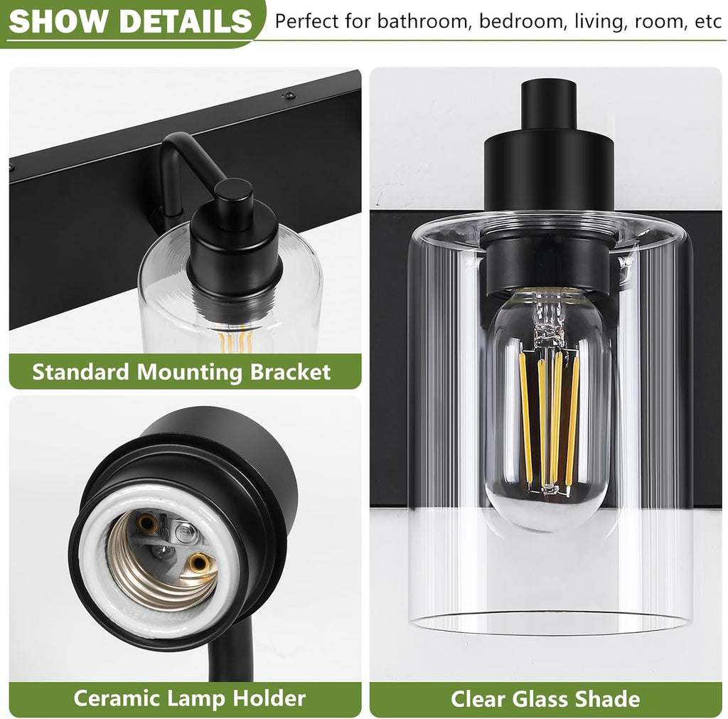 Bathroom Light Fixtures,Matte Black 3-Light Bathroom Lights Over Mirror with Clear Glass Shade,Wall Sconces Living