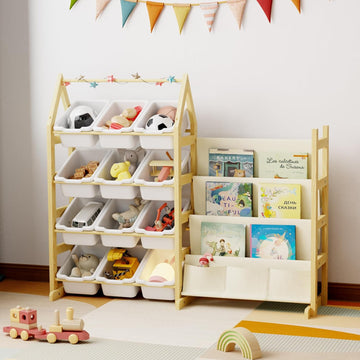 Wooden Toy Storage Organizer Kids Bookshelf, with 12 Toy Organizer Bins, Child Book Shelf for Kids Rooms, Nursery
