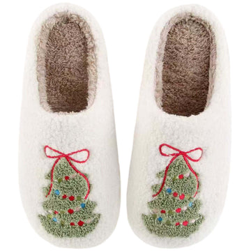 Christmas Slippers For Women Men Christmas Tree Bow Slippers Indoor Soft Warm Cotton Bedroom Slipper Cartoon Slipper
