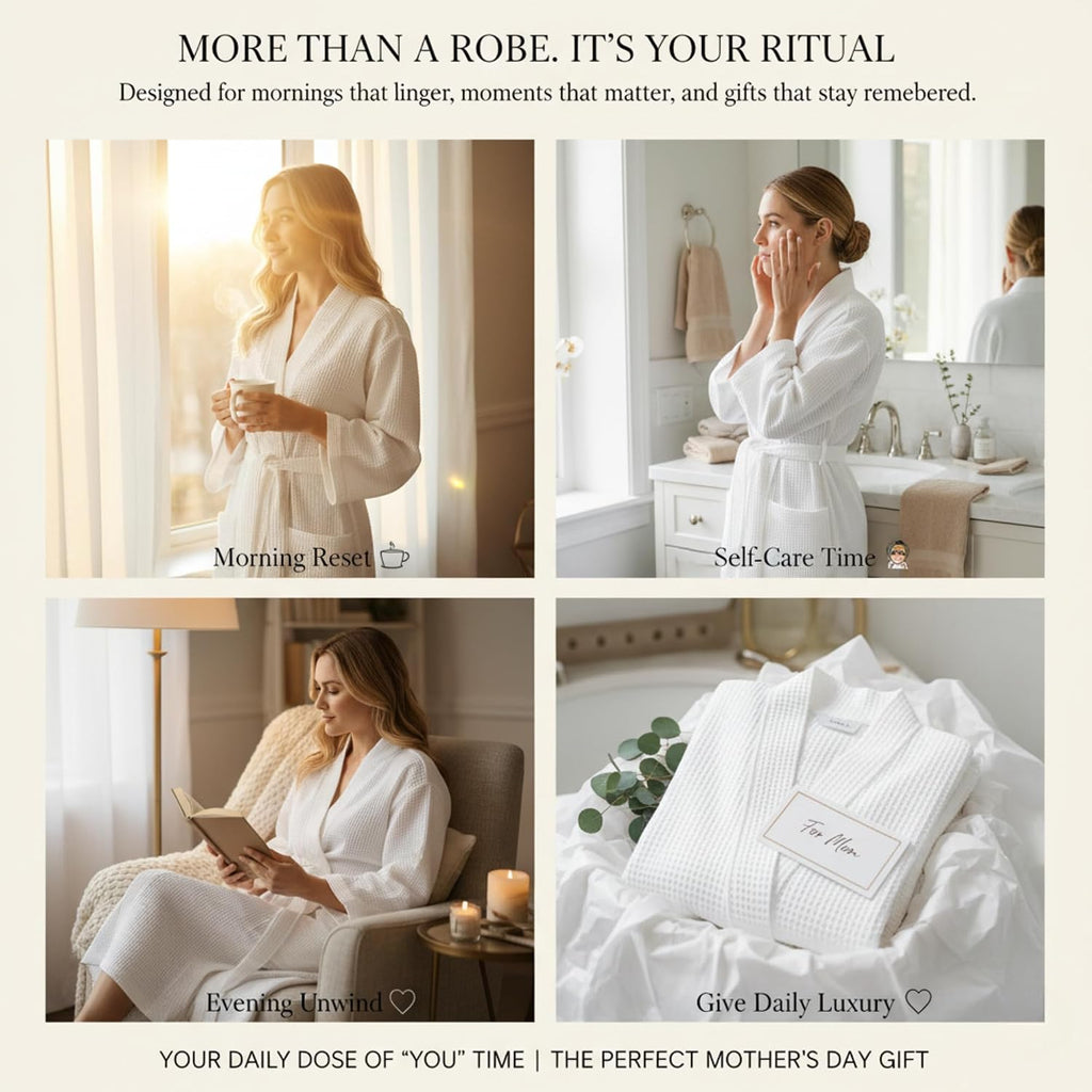 Long Waffle Cotton Robes for Women - Monogram, Lightweight, Soft Kimono Spa Bathrobe with Pockets