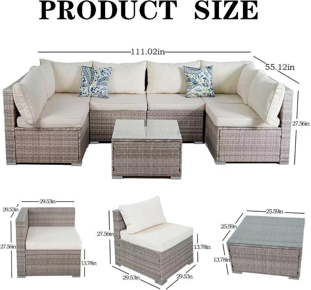 7 Piece Patio Furniture Sets, Rattan Conversation Sectional Set with Glass Table Outdoor Patio Sofa with Thick