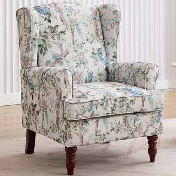 Wingback Chair with Arms (Floral Bird, A) | Floral Accent Chair|Occasional Side Chair with Tall Back|Ticken Seat