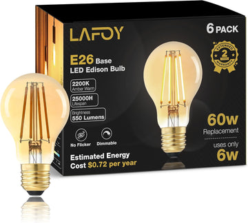 A19 E26 Amber Light Bulbs 2200K Soft Warm, Vintage LED Edison Bulbs 60 Watt Equivalent, Dimmable Antique Old