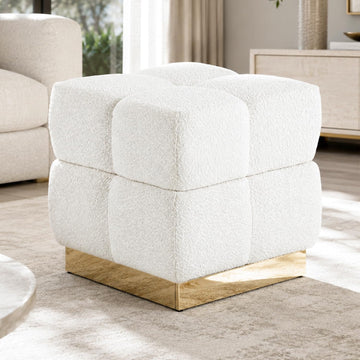 Boucle-Like Square Storage Ottoman Stool, White