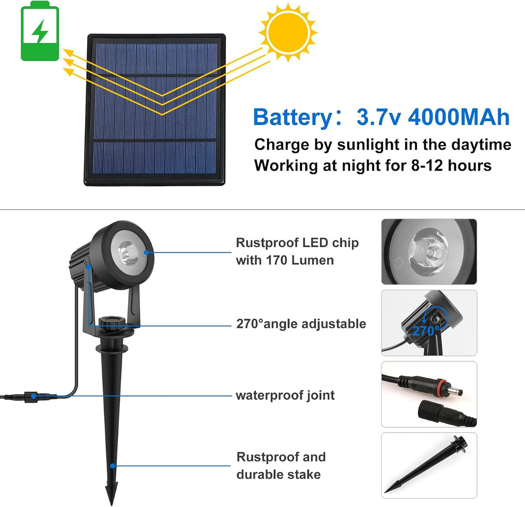 Spot Lights Outdoor, 6000K Cool White Landscape Spotlights IP65 Waterproof 9.8ft Cable, Dusk to Dawn Solar Uplights