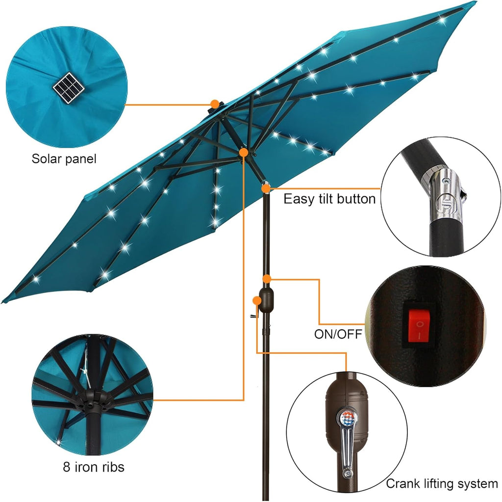 9 ft Solar Umbrella 32 LED Lighted Patio Umbrella Table Market Umbrella with Tilt and Crank Outdoor Umbrella Pool and -
