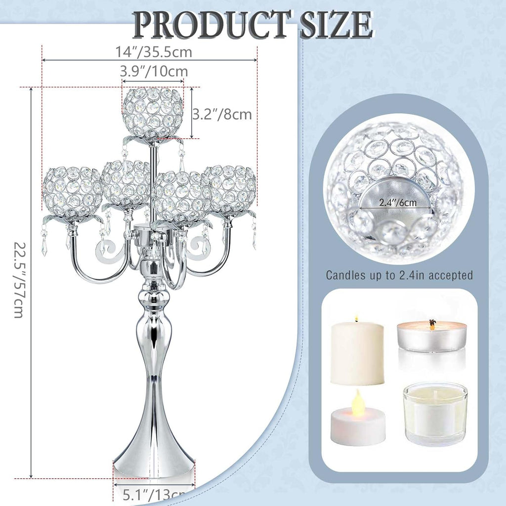 5 Arm Elegant Crystal Candle Holder,Candlestick, 22 Inch Tall Candle Holder Table Candelabra Event Party Table