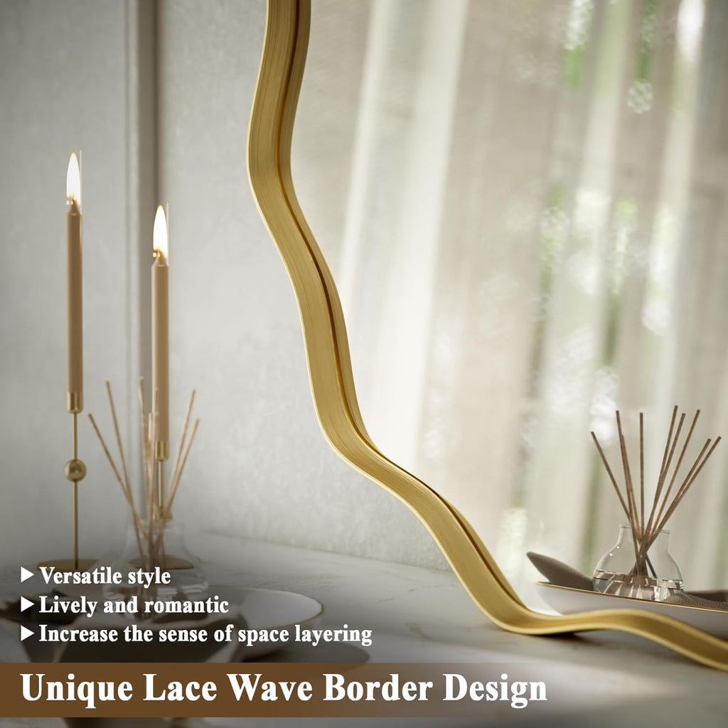 Gold Scalloped Circle Mirror, 24" Wavy Edge Round Wall Mirror with Tempered Glass Textured Circular Metal Deep Frame