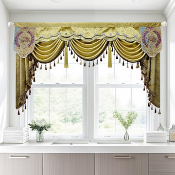 1pc W98 inch Golden Swag Waterfall Curtain Valance with Tassel
