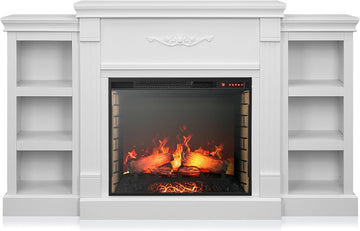 Modern 70" Electric Fireplace Heater Mantel TV Stand & Media Entertainment Center for TVs up to 68" with Energy-Efficient Heater with Sound and Side Book Shelves - Lenore (White)