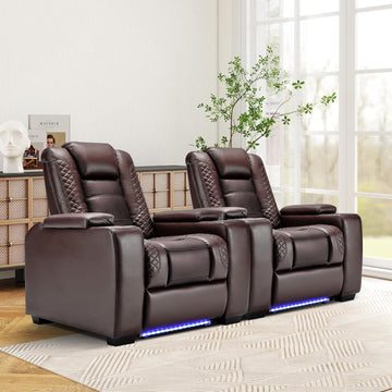 Power Home Theater Seating Set of 2, Brown Faux Leather Electric Recliner Chair with Powered Headrest, Dual Motors Movie Reclining Chairs with LED Lights,USB Port,Cup Holders, Hidden Arm Storage