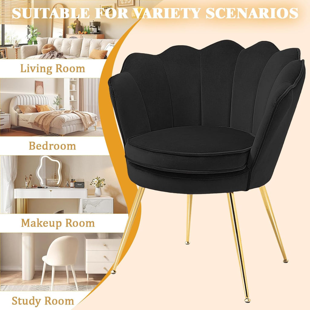 Accent Chairs Set of 2 , Velvet Upholstered Makeup Room Vanity Chair with Back, Golden Metal Legs Small Accent Side