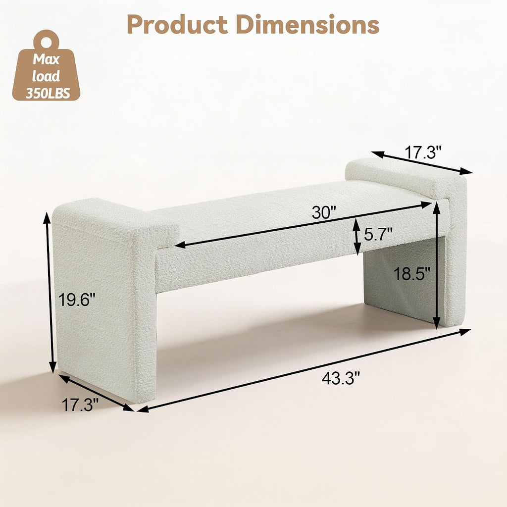 Upholstered Entryway Bench, 43" Modern Bedroom Bench, White | Sherpa Fleece, Curved Armrests, Solid Wood Frame, End