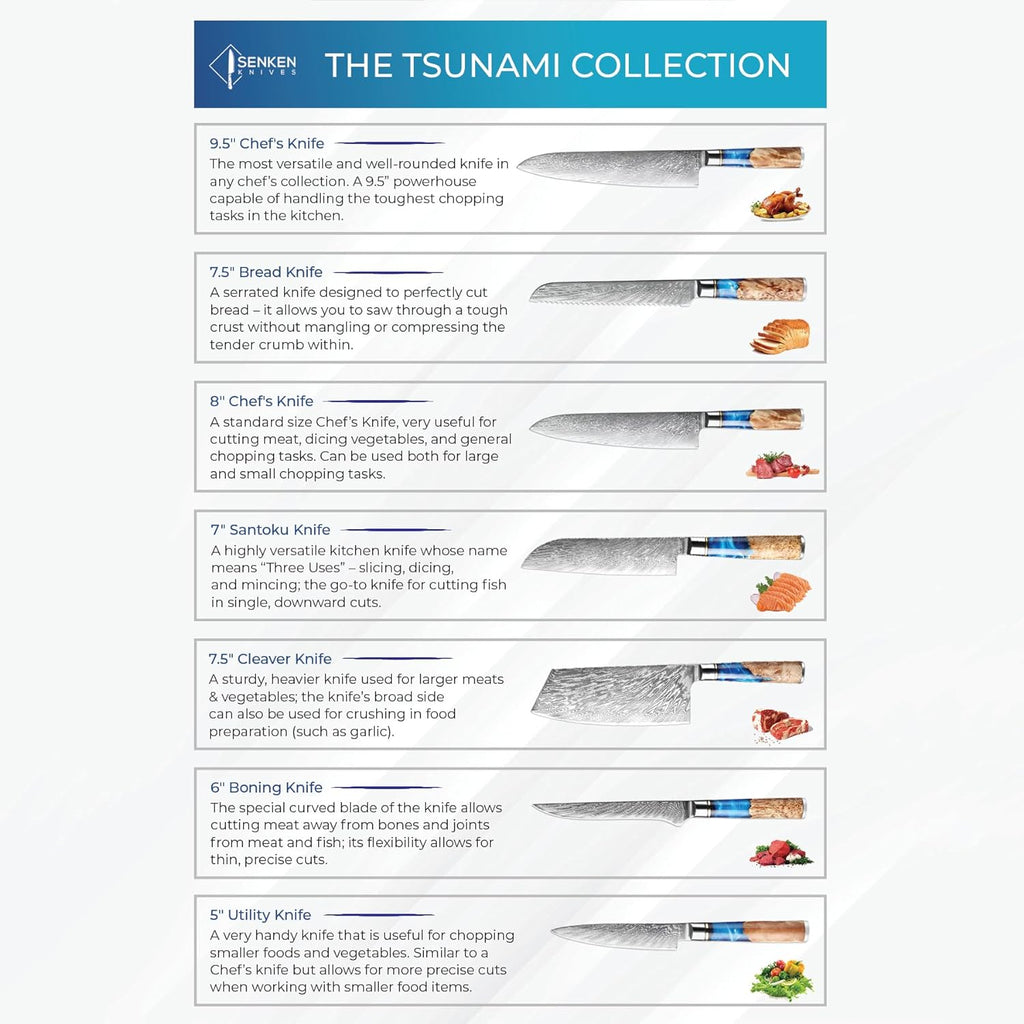 7-Piece Damascus Kitchen Knife Set - Tsunami Collection - 67-Layer Japanese VG10 Steel - Chef's Knife, Cleaver