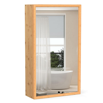 Bamboo Medicine Cabinet with Mirror, 14" x 24" Small Bathroom Mirror with Storage, 2 Removable Shelves, Farmhouse
