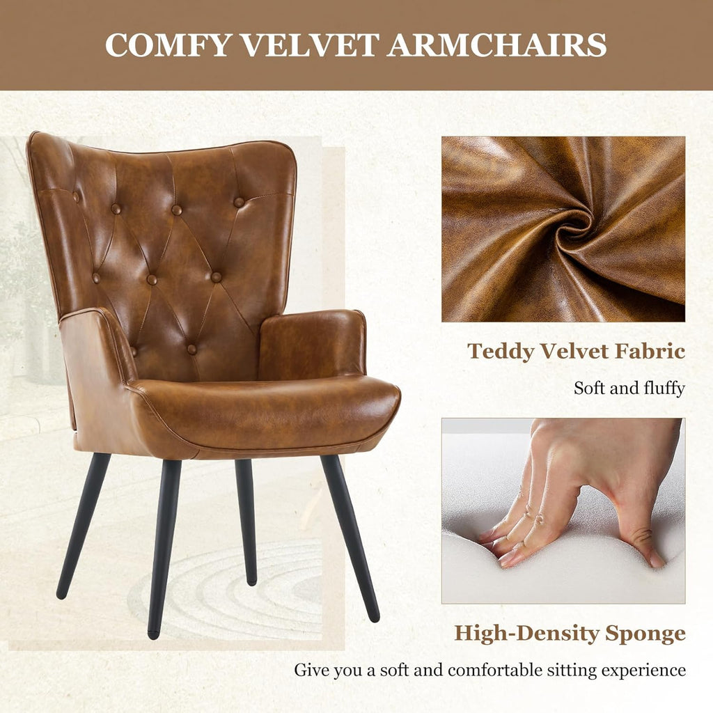Accent Chairs Set of 2, Brown PU Leather Reading Armchair with High Backrest, Wingback Corner Chair Mid Century