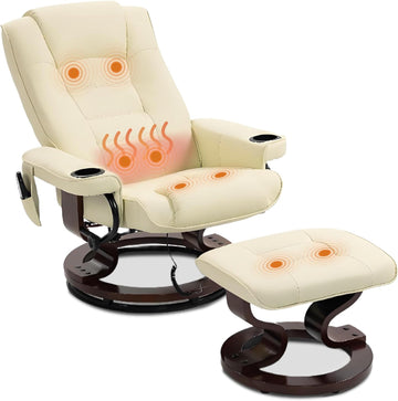 Modern Reclining Lounge Chair and Ottoman — Beige PU Leather