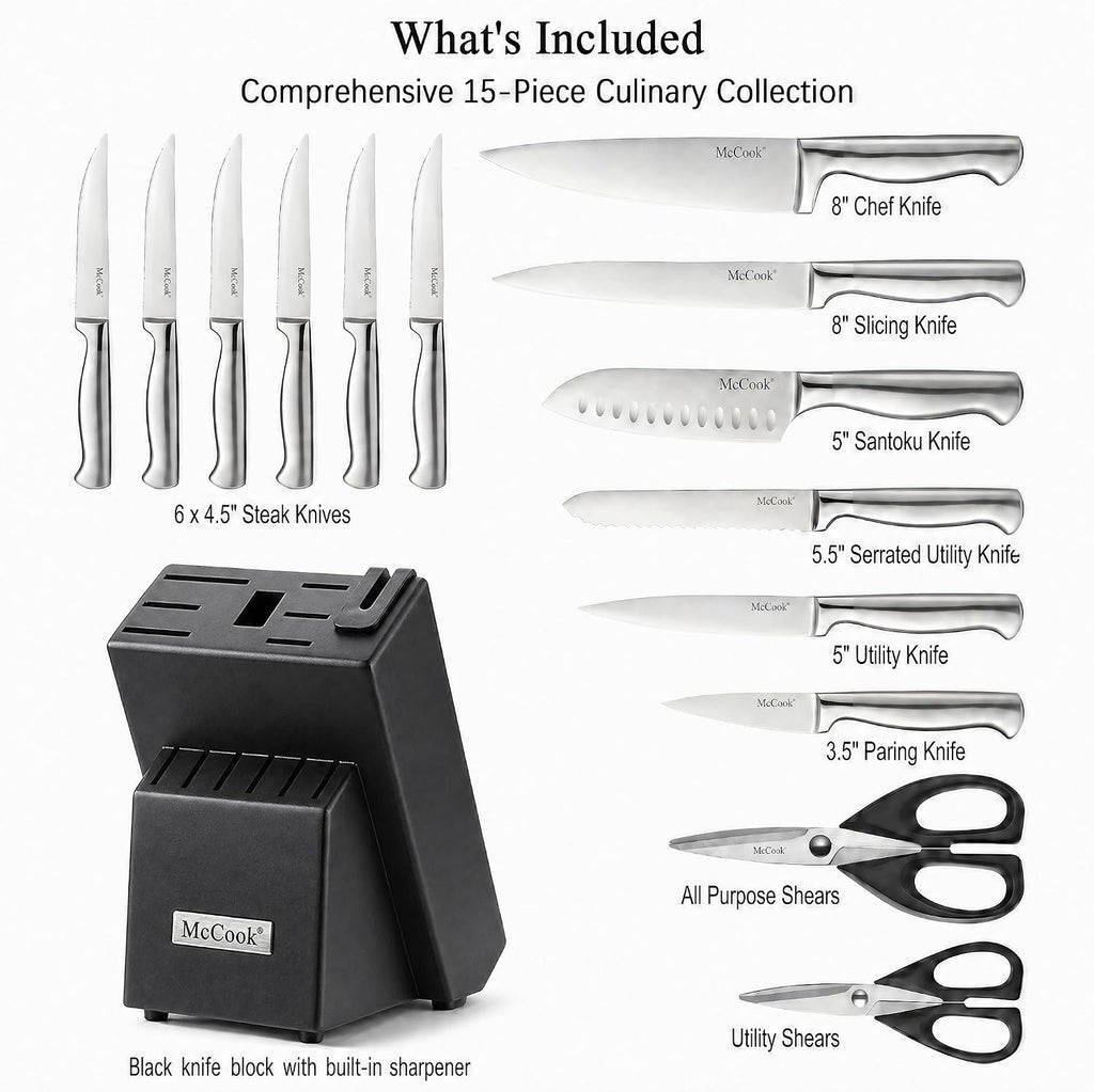 Knife Set Sharp Kitchen Knife Block Set w Built-in Sharpener | German Forged Stainless Steel,15 PC,Razor
