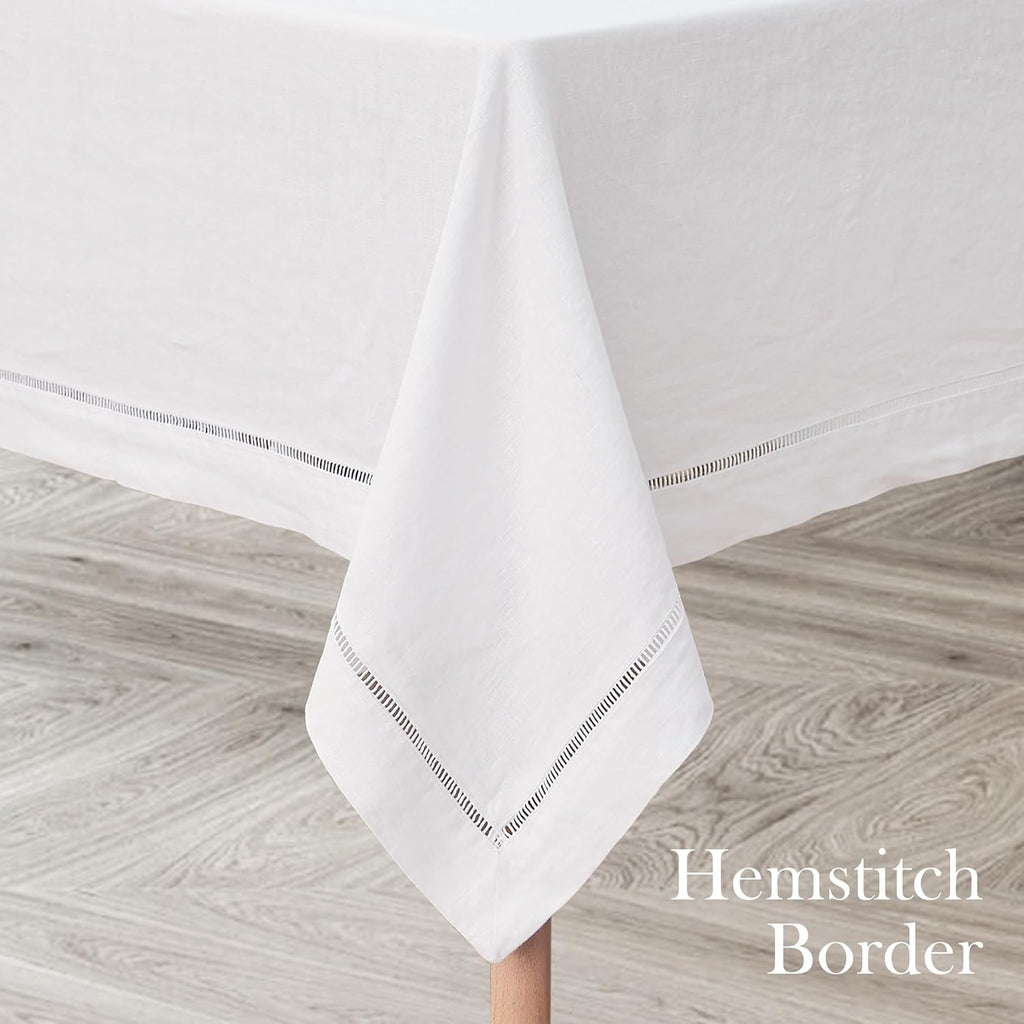 Linen World Hemstitch Linen Tablecloth,French Linen White Tablecloth 90" x 60" Inch,Washable Rectang