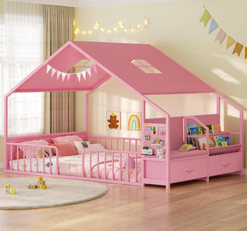 Montessori Full Size Floor Bed, Safety Guardrails, Reading Nook, Pink | House Shape, Wide Soft Padded Seat, Sling